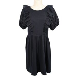 Eva Franco Black Eyelet Puff Sleeve Dress Keyhole Ruffle NWT Size 6